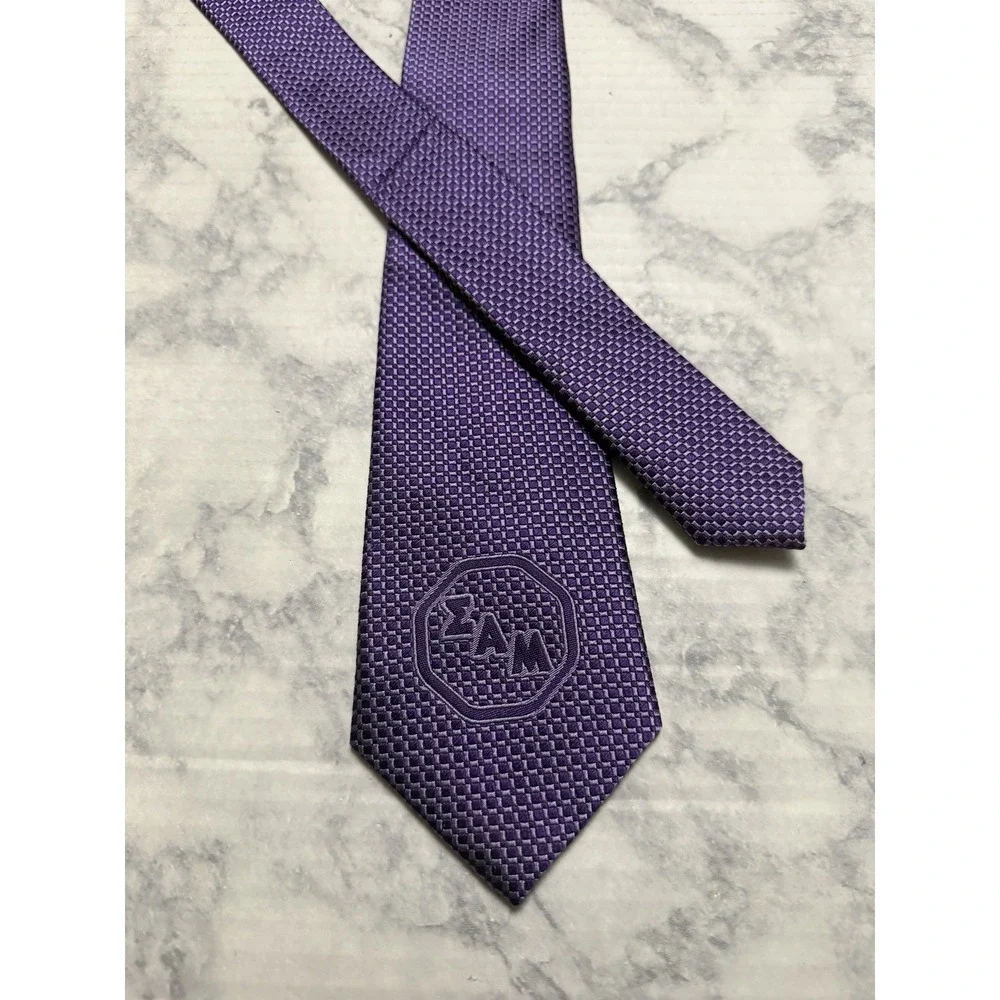 Sigma Alpha Mu Fraternity Purple Logo Geometric Square Pattern Silk Tie Greek